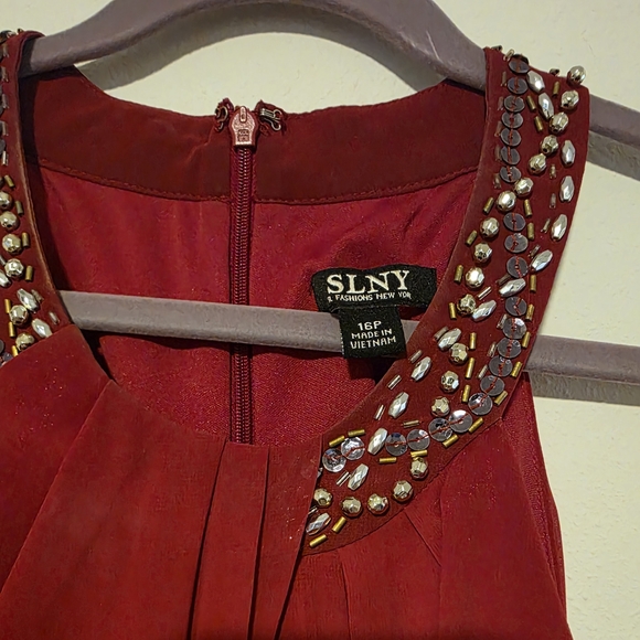 SLNY Red Dress with Embellished Neckline - Picture 3 of 5